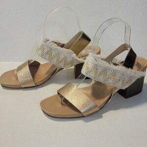 Aska Womens Fringe Metallic Woven Strappy Heel Sandals Gold Tone White Size 8